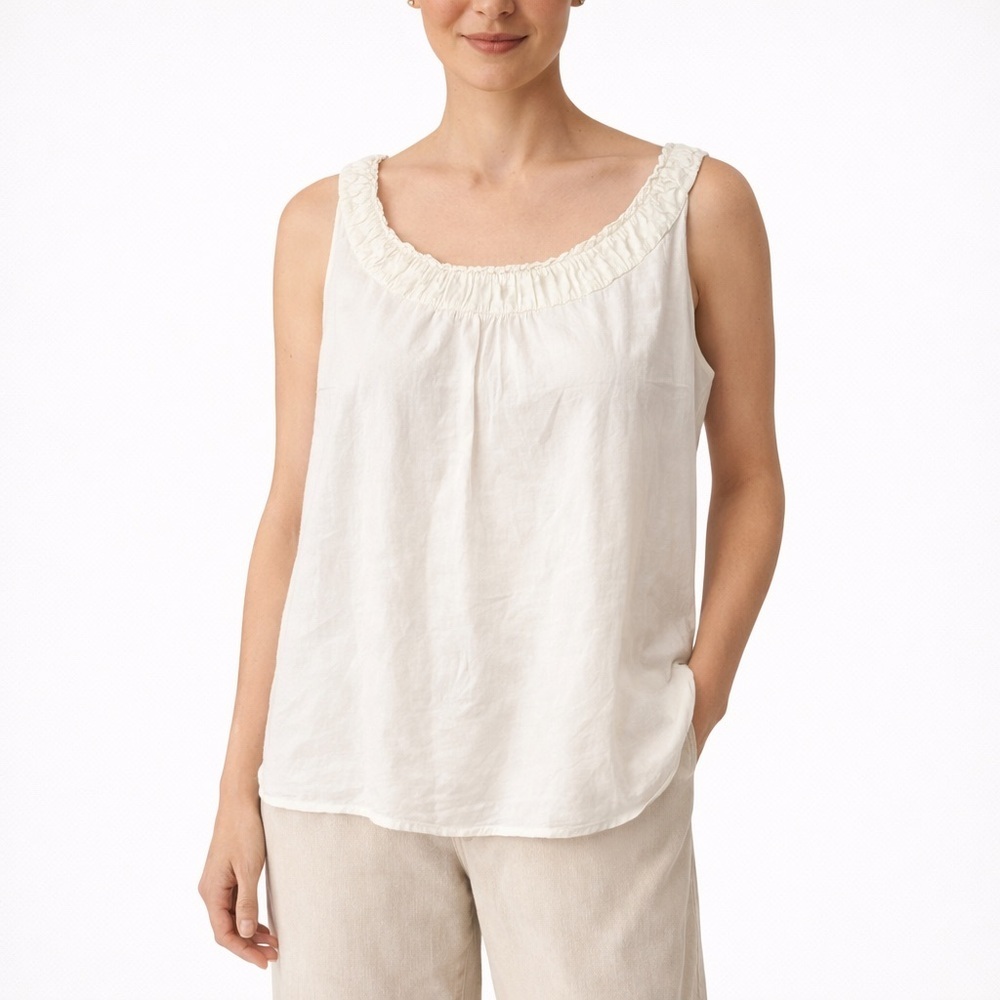 J.Jill Ivory Cotton Silk Sleeveless Blouse Ruffle Scoop Neck Tank Size L Casual